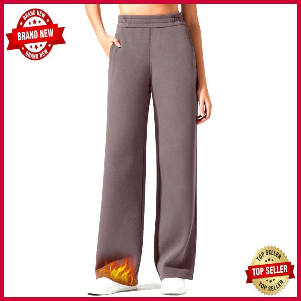 Fleece Lined Sweatpants Women Elastic Waist Wide Leg Lounge Pants Warm Winter